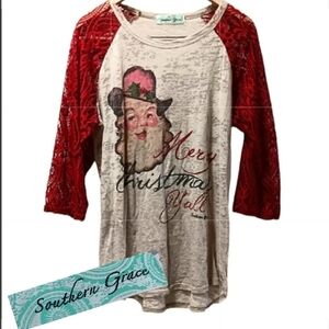 SOUTHERN GRACE COWBOY SANTA TOP W/LACE SLEEVES